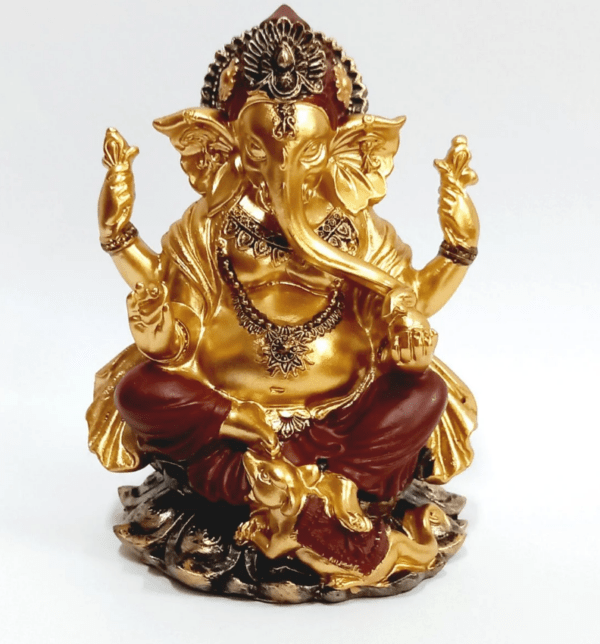 Estatua Ganesha em Resina Dourado Com Vermelho 14cm