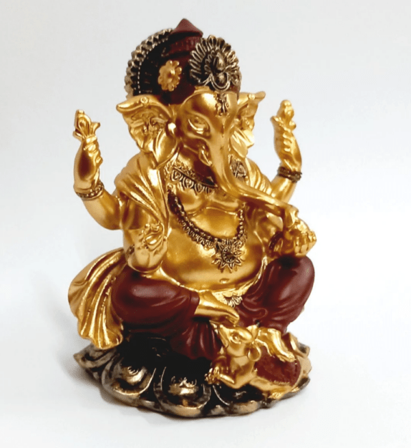 Estatua Ganesha em Resina Dourado Com Vermelho 14cm - Image 2